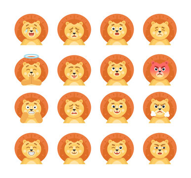 Set of lion avatars, emoticons showing various expressions. Cartoon lion laughing, surprised, angry, smile, shocked, wicked and showing other emotions. Vector illustration