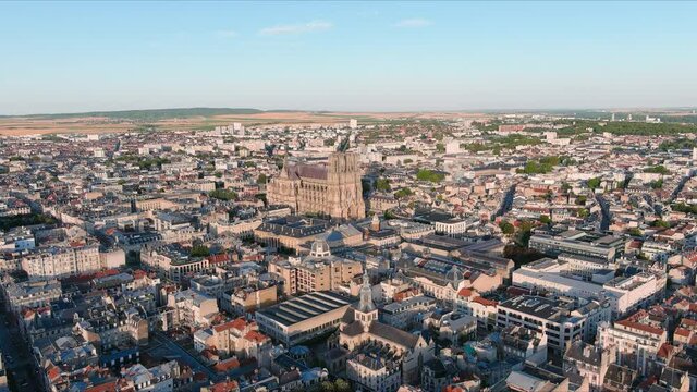 Reims, France: Aerial view of cathedral Cath&eacute;drale Notre-Dame de Reims in historic city center - landscape panorama of Europe from above