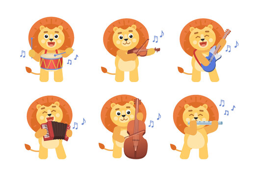 Set of cartoon lion characters playing on various music instruments. Cute lion playing on drum, guitar, violin, flute, accordion, double bass. Vector illustration