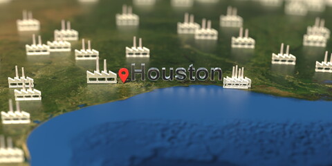 Factory icons near Houston city on the map, industrial production related 3D rendering
