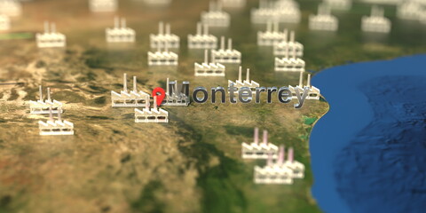 Factory icons near Monterrey city on the map, industrial production related 3D rendering