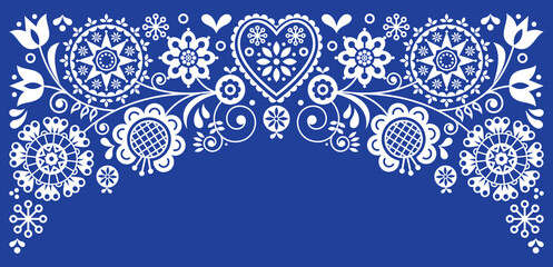 Folk art frame border retro vector greeting card design in white on navy blue, floral ornament inspired by Scandinavian art
