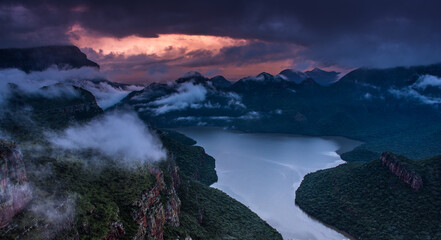 Misty pink and purple sunrise in Blyde River Canyon, South Africa