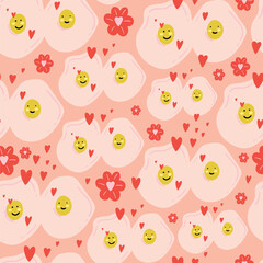 Seamless vector pattern with hearts and cute omelette. Love background for Valentine's day. Seamless bright romantic design for fabric or wrap paper.