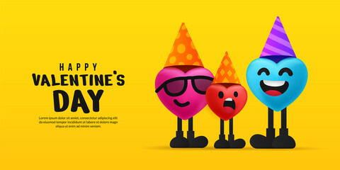 Fototapeta na wymiar Happy valentine's day on yellow background with lovely heart characters