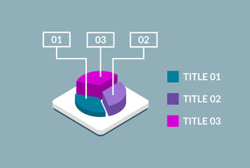 3D pie infographic. Pie chart with three parts, options. Colorful diagram for business presentations or reports. Isometric pie with different heights. Volumetric ring, 3 pieces. Vector illustration. 