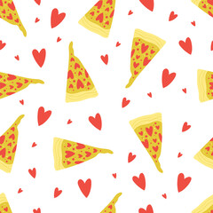 Seamless vector pattern with hearts and pizza. Love background for Valentine's day. Seamless bright romantic design for fabric or wrap paper.