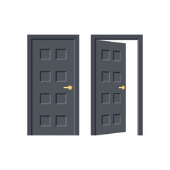 Black door. Entrance or exit. Doorway concept. Open and close door isolated on white background. Flat style. Vector illustration