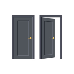 Black door. Doorway concept. Open and close door isolated on white background. Building and room entrance element mockup. Vector illustration