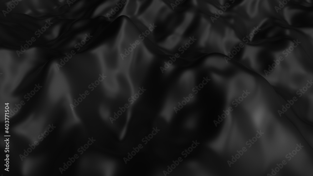 Poster abstract black background with wavy cloth or liquid waves. silk texture satin or velvet with folds a