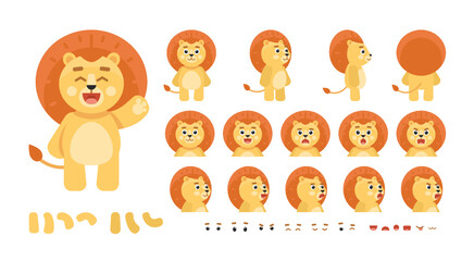 Cartoon cute lion character creation kit. Create your own pose, action, animation. Vector illustration