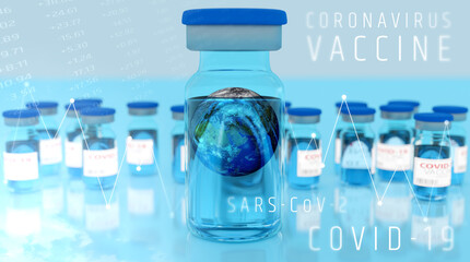 Worldwide vaccination concept. Ampoules with Covid-19 vaccine. To fight the coronavirus/SARS-CoV-2 pandemic. 