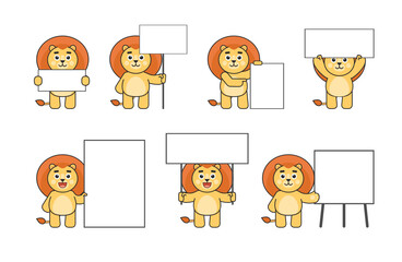 Set of cute lion characters posing with various blank banners. Advertise or promote concept. Vector illustration bundle