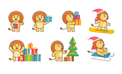 Obraz na płótnie Canvas Christmas set of lion mascot characters in various situations. Cute lion holding gift box, snowboarding, riding sleigh and showing other actions. Vector illustration bundle