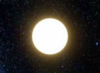 Yellow Star or Sun in cosmos. Space flight to the star, 3d render