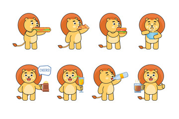 Set of lion characters eating fast food and drinking various drinks. Cute lion mascot holding hamburger, pizza, cup of noodles, beer mug, glass of juice. Vector illustration bundle