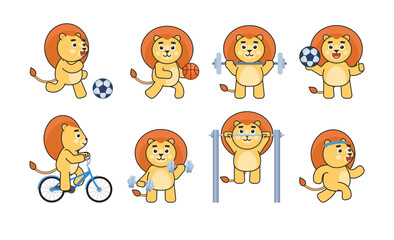 Set of lion characters doing various sports. Cute lion mascot playing football, basketball, riding bike, running and showing other actions. Vector illustration bundle