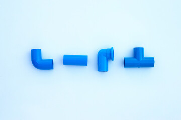 Blue pvc pipe connection isolated on white background.