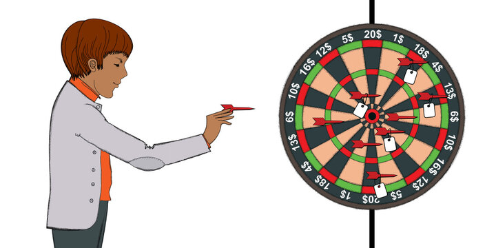 man throws darts at a dart target with dollar signs. Illustration isolated on white background