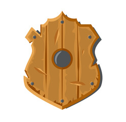 Wood cartoon old scratched shield icon,asset, element for casual mobile game. Fantasy concept, ui game element for wood defend. Knight texured guard . Flat vector isolated on white.