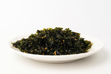 Seasoned seaweed on white background