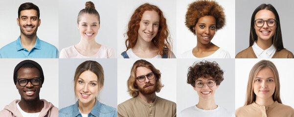 Collage of portraits and faces of multiracial group of various smiling young people, good use for...