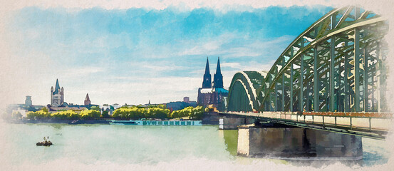 Watercolor drawing of Panorama of Cologne city historical centre with Cologne Cathedral of Saint Peter, Great Saint Martin Roman Catholic Church - obrazy, fototapety, plakaty
