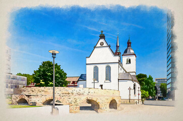 Watercolor drawing of Deutz Abbey Benedictine monastery or Alt Saint Heribert Greek Orthodox church building in city centre