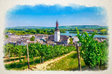Watercolor drawing of Aerial view of vineyards Rheingau wine region, Rudesheim am Rhein historical town centre with St. Jakobus church