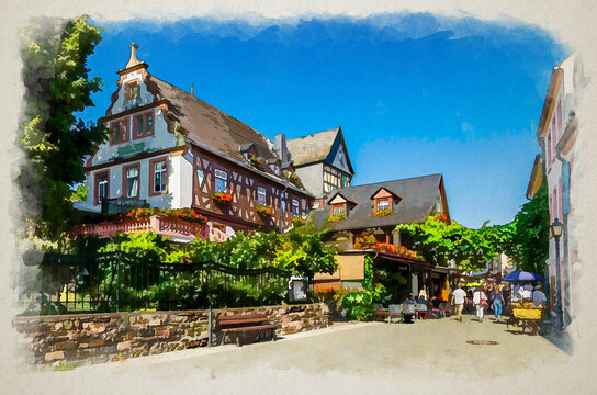 Watercolor drawing of Rudesheim am Rhein: cobblestone square and traditional german houses and buildings with typical wooden wall fachwerk