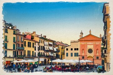 Watercolor drawing of Padua: Chiesa di San Clemente catholic church, row of buildings and restaurant tables in the Piazza Plaza Dei Signori square