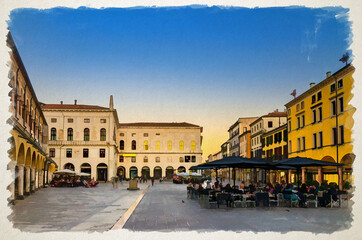 Fototapeta na wymiar Watercolor drawing of Padua: restaurant tables in Piazza delle Erbe square in historical city centre of Padova, twilight evening view, golden sunset