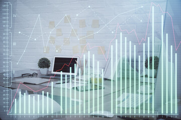 Multi exposure of stock market chart drawing and office interior background. Concept of financial analysis.