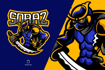 blue ninja assassin with katana sword mascot logo illustration