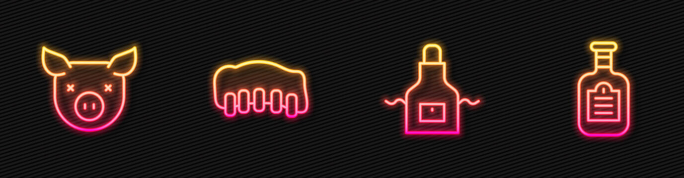 Set Line Kitchen Apron, Pig, Grilled Pork Bbq Ribs And Sauce Bottle. Glowing Neon Icon. Vector.