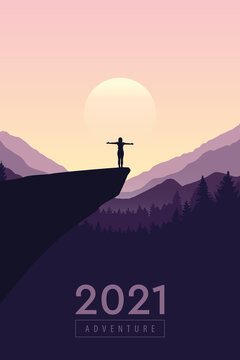 hiking adventure 2021 girl on a cliff in at sunrise with mountain view vector illustration EPS10
