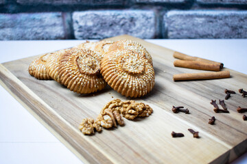 Traditional Turkish flavors. Sesame and walnut filled cookies kahke or kombe.