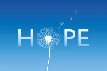 Fototapete Positive Typografie Hoffnungstypographie mit Löwenzahn auf blauem Hintergrundvektorillustration EPS10