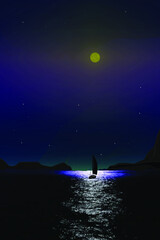 Silhouette of a ship at sea. Beautiful moon and stars. Holy night at the sea. Vector graphics. EPS 10