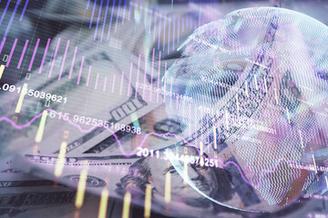 Double exposure of forex graph drawing over us dollars bill background. Concept of financial markets.