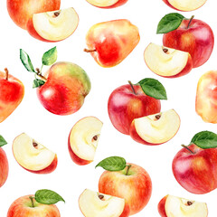 Watercolor seamless pattern apples isolated on white.