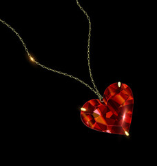 black background and jewel pendant red heart with golden chain