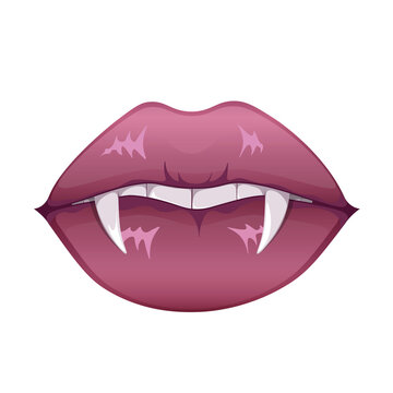 Female red vampire lips with bite fangs. Red lips with long pointed canine teeth and bloody saliva express different emotions.