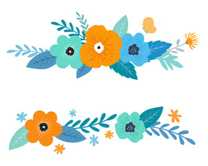 花と葉の装飾フレームセット　手描きテイスト