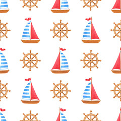 Watercolor marine seamless pattern with wooden ship,steering wheel.Watercolour summer illustration with sea symbols on a white background