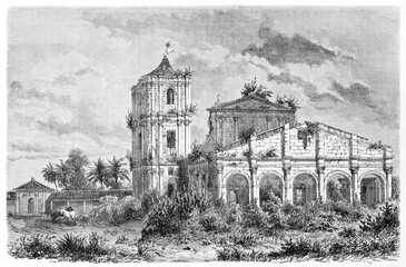 Saint-Michel mission church stone ruins overgrown with weeds outdoor in the nature, Paraguay. Ancient grey tone etching style art by Lancelot and Lavieille, Le Tour du Monde, 1861