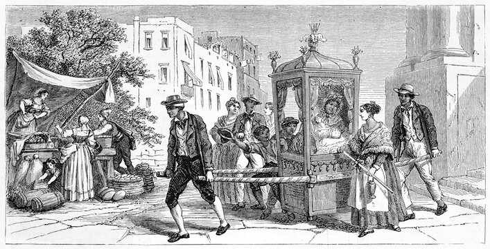 Rich woman transported outdoor by sedan chair along Naples streets, Italy, surrounded by everyday life. Ancient grey tone etching style art by Ferogio, Le Tour du Monde, 1861
