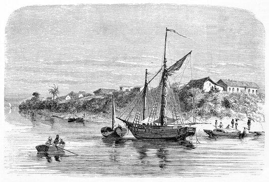 Little town on vegetated coastline fronting calm water sea and ships. Serpa, along the Amazon river, Brazil. Ancient grey tone etching style art by Riou, Biard and Maurand, Le Tour du Monde, 1861