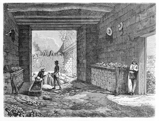 Workers in large and high stone room in Corallitos silver foundry interior, Chihuahua state, Mexico. Ancient grey tone etching style art by unidentified author, Le Tour du Monde, 1861