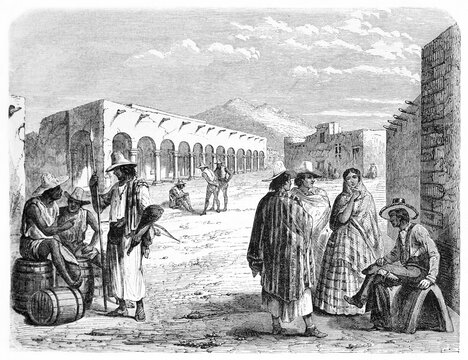 mexican people in their everyday life in Slaughter square in Chihuahua, Mexico. Ancient grey tone etching style art by Maurand, Le Tour du Monde, 1861